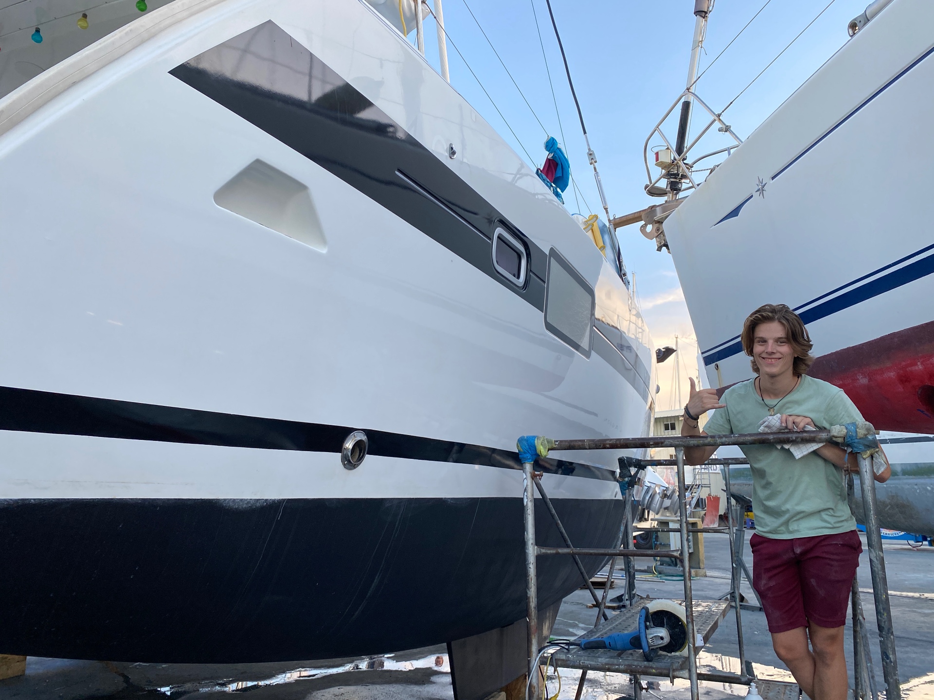 Serendipity hauled out in the boatyard showing both hulls
